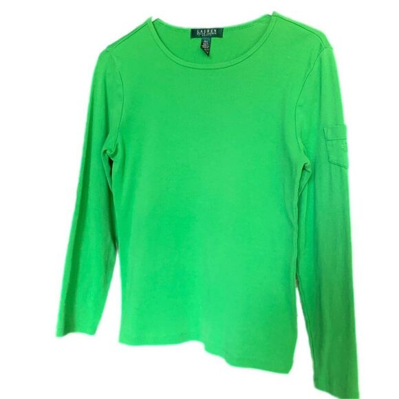 Ralph Lauren Sweater Womens Petite M Green Pull Over Pocket Green Long Sleeve - Picture 1 of 7